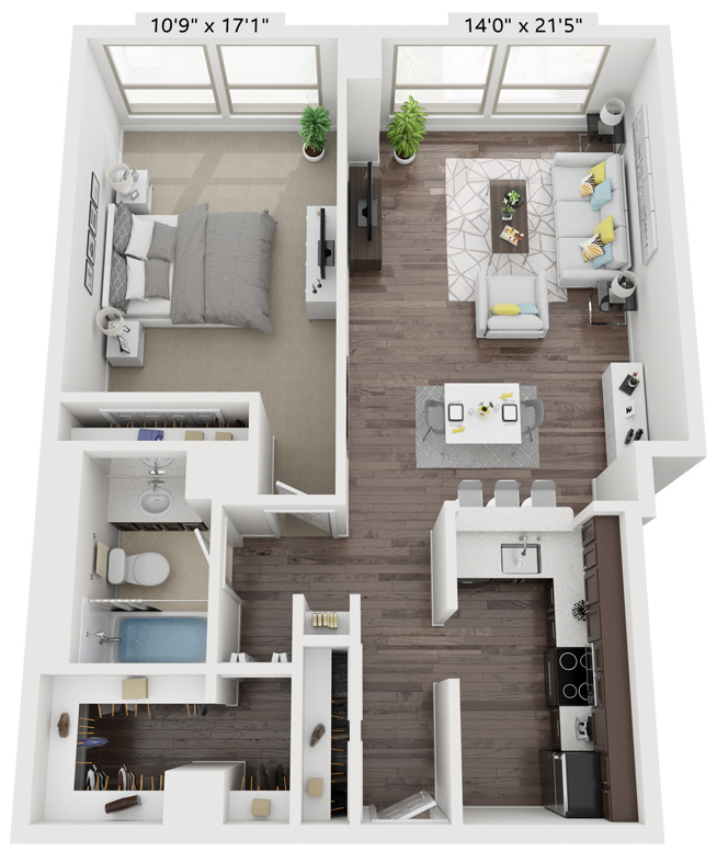 Floor plan for 1 bed, 1 bath, 812 sqft